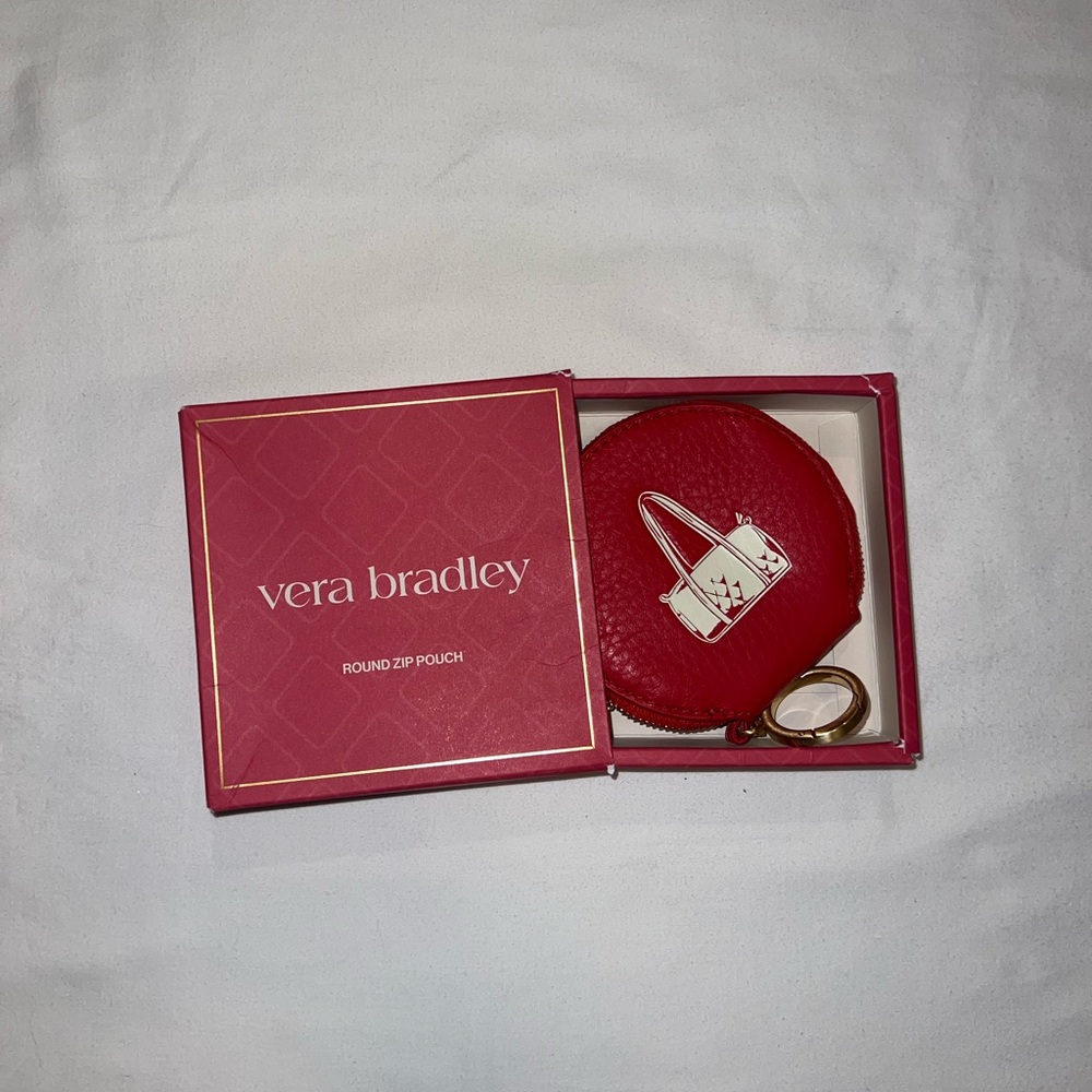 Vera Bradley Red Round Zip Key & Coin Pouch with Gold Ring